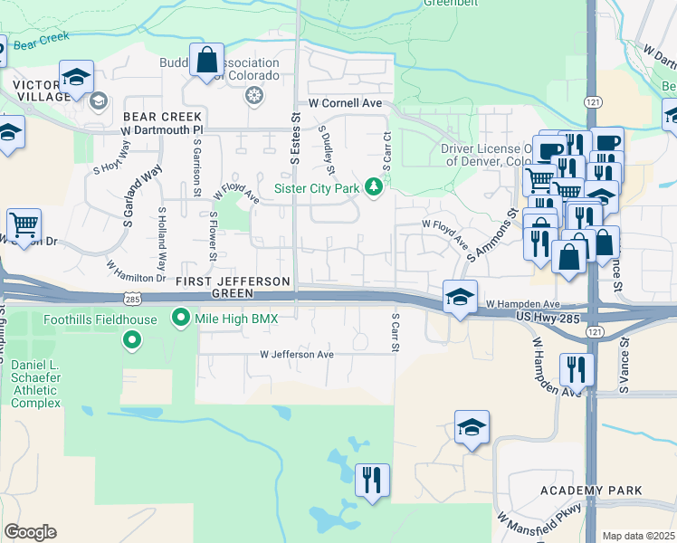 map of restaurants, bars, coffee shops, grocery stores, and more near 8567 West Hampden Avenue in Denver