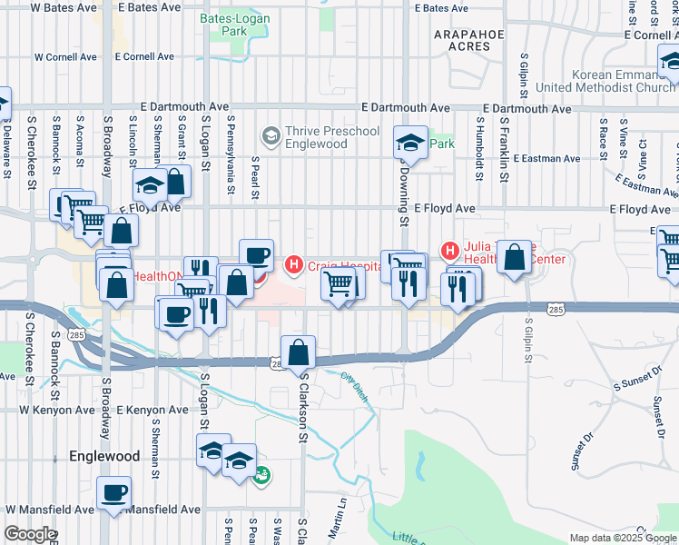 map of restaurants, bars, coffee shops, grocery stores, and more near 3444 South Emerson Street in Englewood