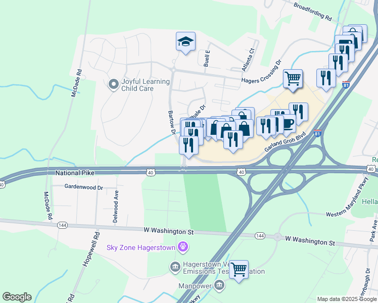 map of restaurants, bars, coffee shops, grocery stores, and more near 17920 Garland Groh Boulevard in Hagerstown