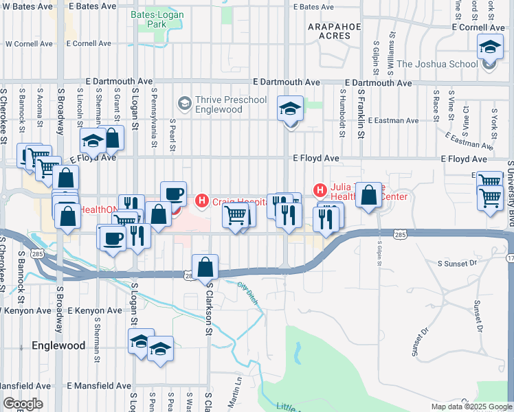 map of restaurants, bars, coffee shops, grocery stores, and more near 3455 South Corona Street in Englewood