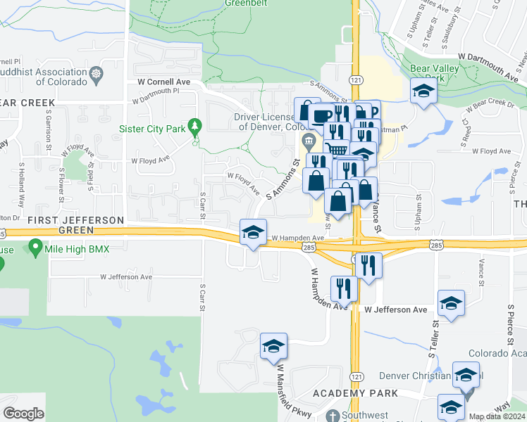 map of restaurants, bars, coffee shops, grocery stores, and more near 3312 South Ammons Street in Lakewood
