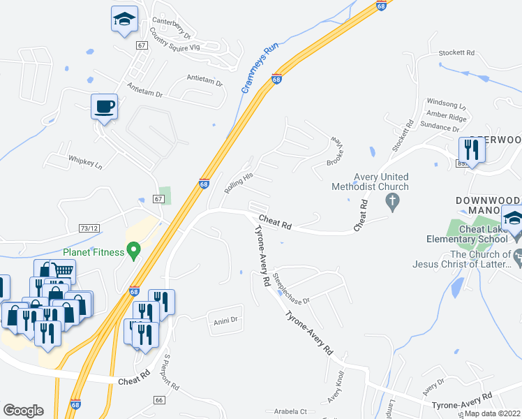 map of restaurants, bars, coffee shops, grocery stores, and more near 1001 Cheat Road in Morgantown