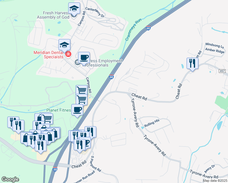 map of restaurants, bars, coffee shops, grocery stores, and more near County Route 857 in Morgantown