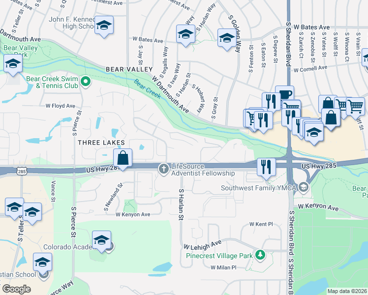 map of restaurants, bars, coffee shops, grocery stores, and more near 5995 West Hampden Avenue in Denver