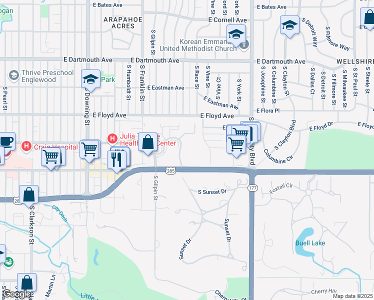 map of restaurants, bars, coffee shops, grocery stores, and more near 1850 Girard Place South in Englewood