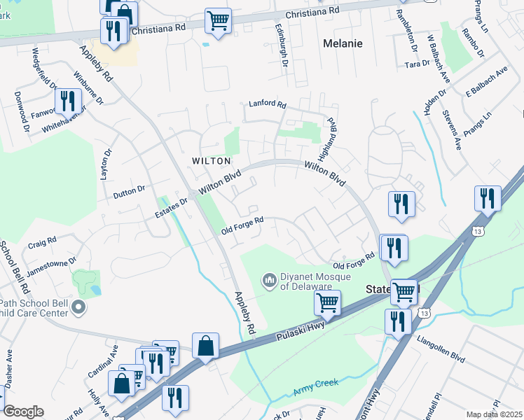 map of restaurants, bars, coffee shops, grocery stores, and more near 118 Stonehurst Court in New Castle