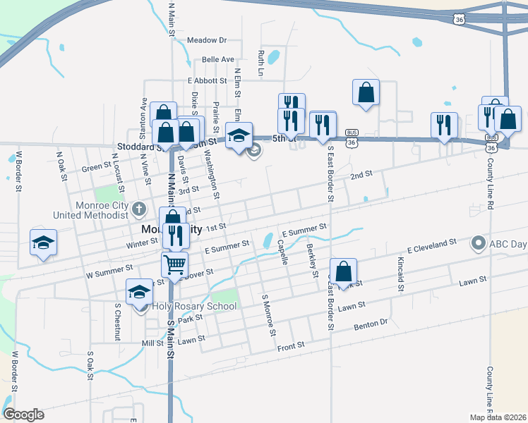 map of restaurants, bars, coffee shops, grocery stores, and more near 401-499 1st St in Monroe City