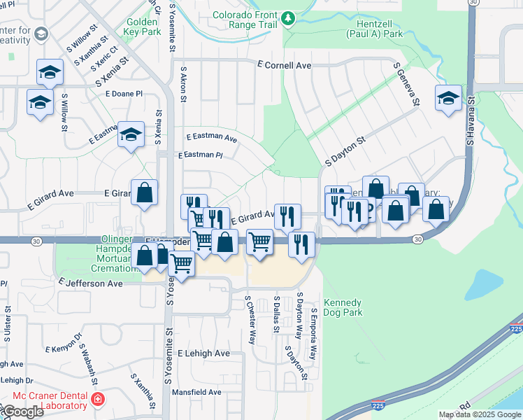 map of restaurants, bars, coffee shops, grocery stores, and more near 9450 East Girard Avenue in Denver