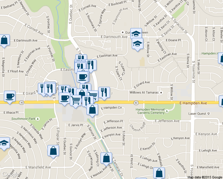 map of restaurants, bars, coffee shops, grocery stores, and more near 8030 East Girard Avenue in Denver