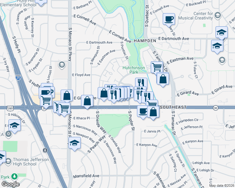 map of restaurants, bars, coffee shops, grocery stores, and more near 2900 South Oleander in Denver
