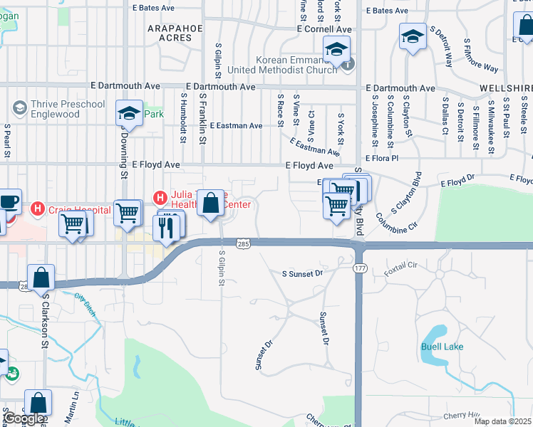 map of restaurants, bars, coffee shops, grocery stores, and more near 1850 Girard Place South in Englewood