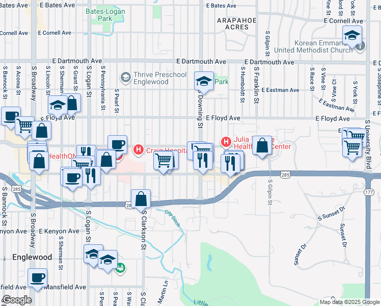 map of restaurants, bars, coffee shops, grocery stores, and more near 3450 South Corona Street in Englewood