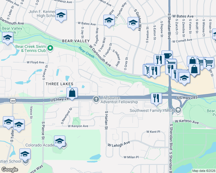 map of restaurants, bars, coffee shops, grocery stores, and more near 5995 West Hampden Avenue in Denver