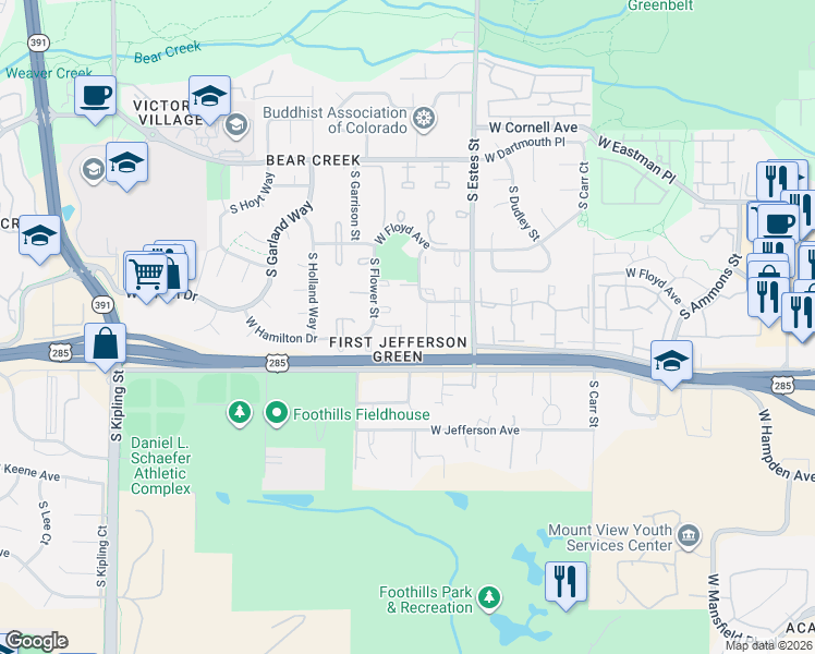 map of restaurants, bars, coffee shops, grocery stores, and more near 3351 South Field Street in Lakewood