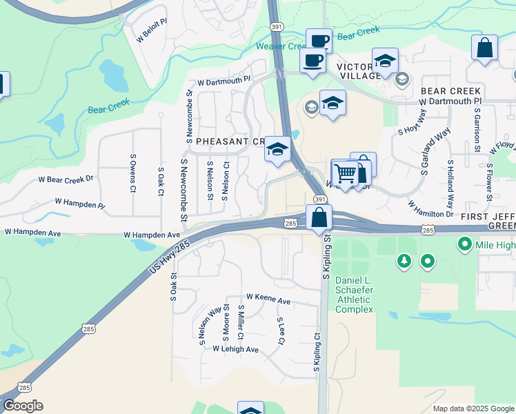 map of restaurants, bars, coffee shops, grocery stores, and more near 10417 West Hampden Avenue in Lakewood