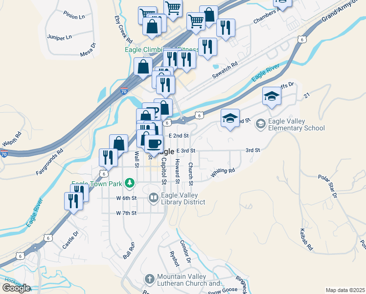 map of restaurants, bars, coffee shops, grocery stores, and more near 319 Howard St in Eagle