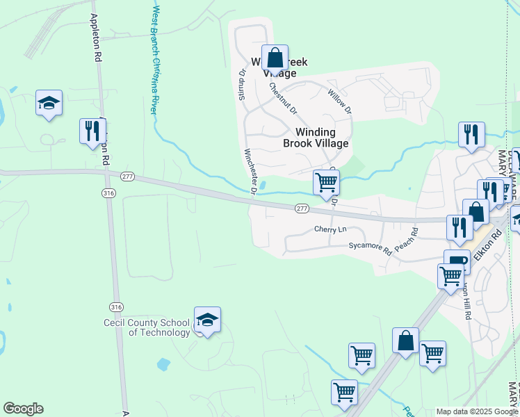 map of restaurants, bars, coffee shops, grocery stores, and more near 367 Fletchwood Road in Elkton