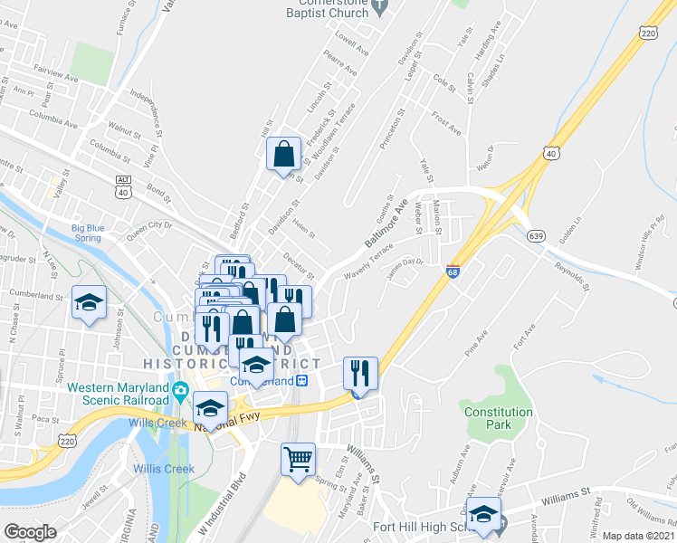 map of restaurants, bars, coffee shops, grocery stores, and more near 25 Waverly Terrace in Cumberland