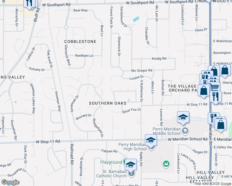 map of restaurants, bars, coffee shops, grocery stores, and more near 7702 Misty Meadow Drive in Indianapolis