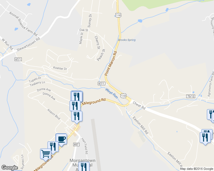 map of restaurants, bars, coffee shops, grocery stores, and more near 54 West Run Road in Morgantown