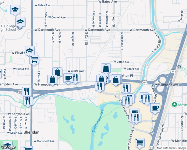 map of restaurants, bars, coffee shops, grocery stores, and more near 2333 West Hampden Avenue in Englewood
