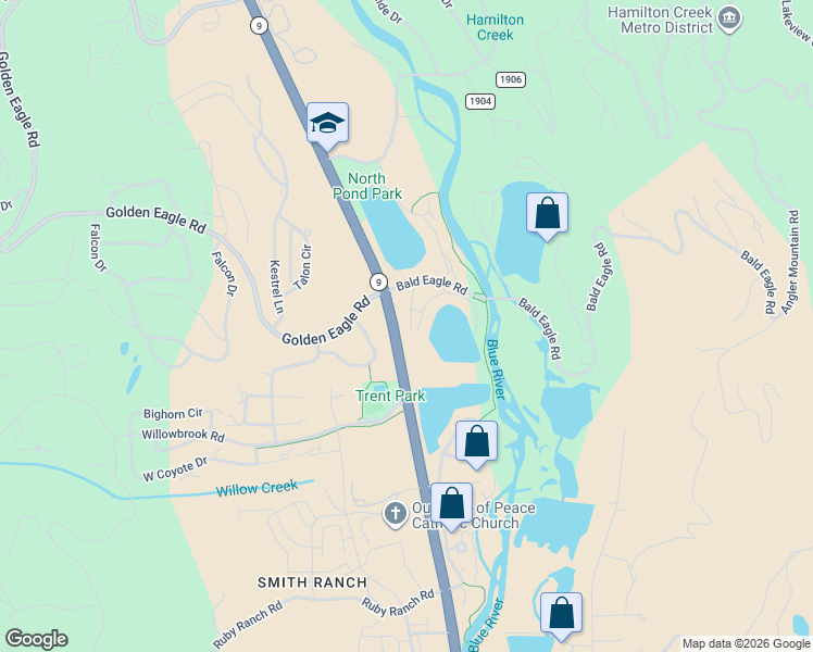 map of restaurants, bars, coffee shops, grocery stores, and more near 96 Fish Hawk Way in Silverthorne