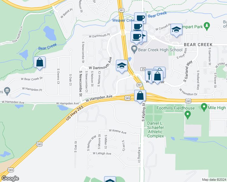 map of restaurants, bars, coffee shops, grocery stores, and more near 10417 West Hampden Avenue in Lakewood