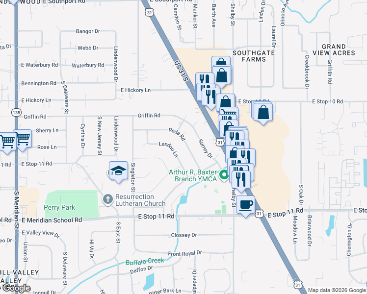 map of restaurants, bars, coffee shops, grocery stores, and more near 849 Reda Road in Indianapolis