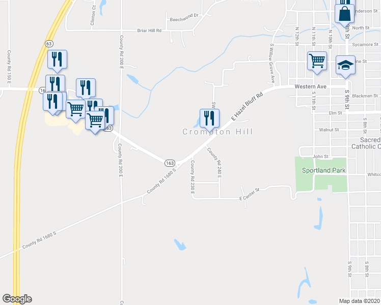 map of restaurants, bars, coffee shops, grocery stores, and more near 2302 Indiana 163 in Clinton