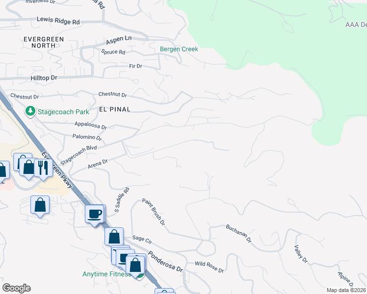 map of restaurants, bars, coffee shops, grocery stores, and more near 29566 Bronco Road in Evergreen