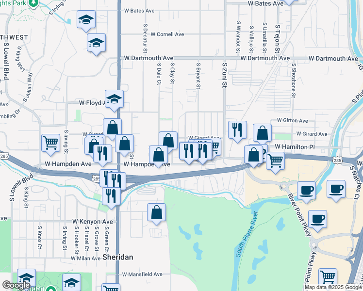 map of restaurants, bars, coffee shops, grocery stores, and more near 3485 South Canosa Court in Englewood