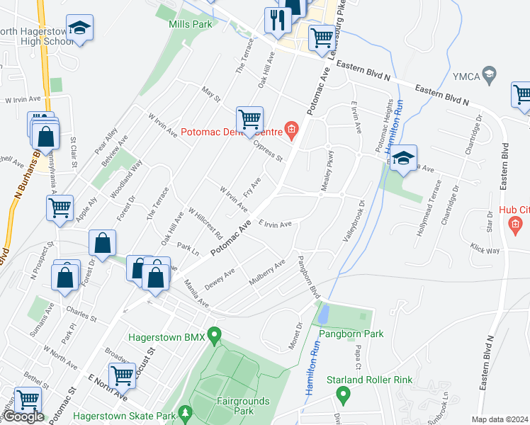 map of restaurants, bars, coffee shops, grocery stores, and more near 1110 Potomac Avenue in Hagerstown