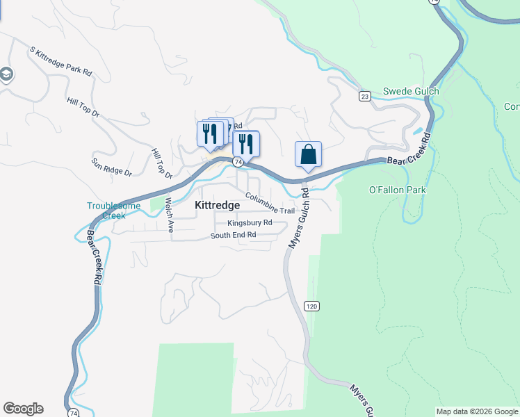 map of restaurants, bars, coffee shops, grocery stores, and more near 26155 Kingsbury Road in Kittredge