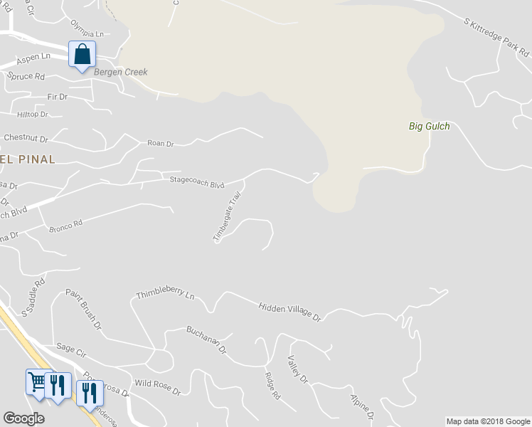 map of restaurants, bars, coffee shops, grocery stores, and more near 3344 Timbergate Trail in Evergreen