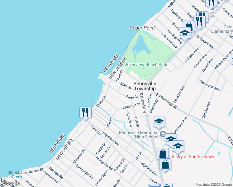 map of restaurants, bars, coffee shops, grocery stores, and more near 15 Ferry Road in Pennsville Township