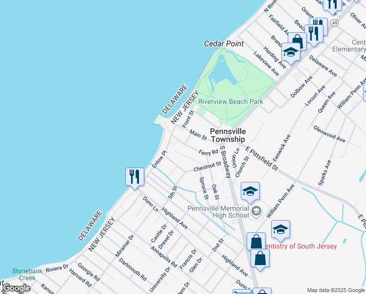 map of restaurants, bars, coffee shops, grocery stores, and more near 15 Ferry Road in Pennsville Township
