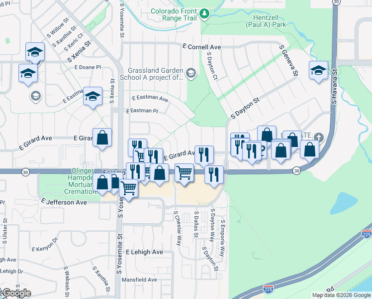 map of restaurants, bars, coffee shops, grocery stores, and more near 9450 East Girard Avenue in Denver