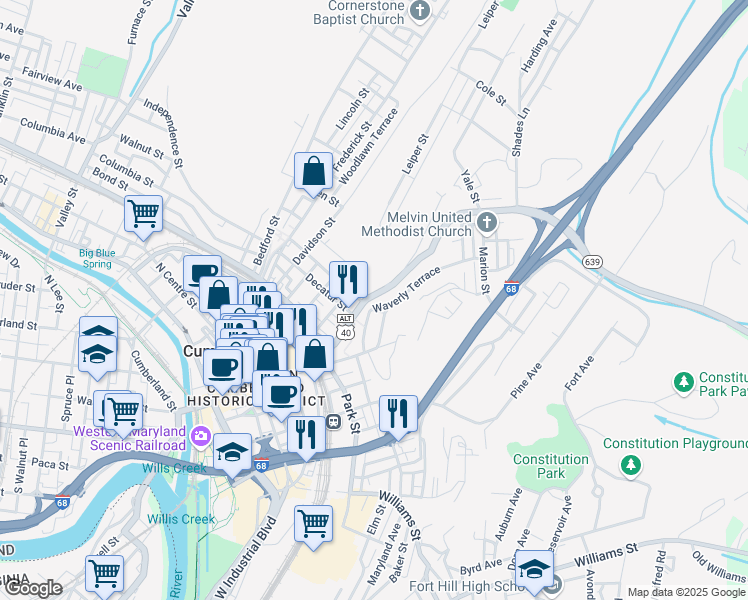 map of restaurants, bars, coffee shops, grocery stores, and more near 323 Baltimore Avenue in Cumberland