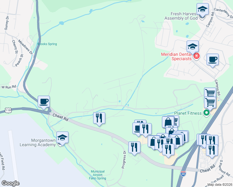 map of restaurants, bars, coffee shops, grocery stores, and more near 1 Harley Drive in Morgantown