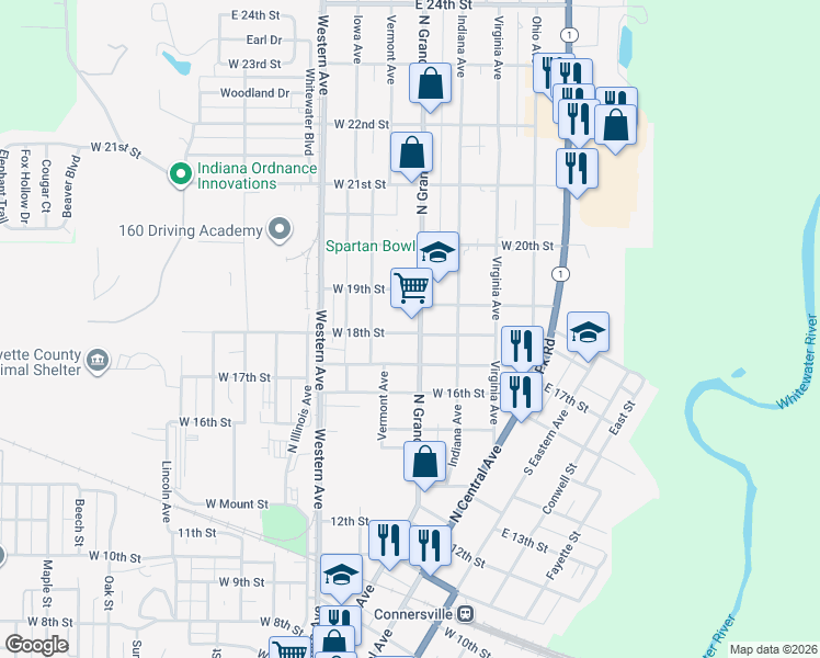 map of restaurants, bars, coffee shops, grocery stores, and more near 1709 North Grand Avenue in Connersville