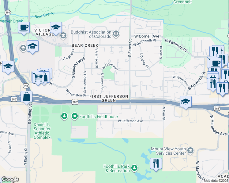 map of restaurants, bars, coffee shops, grocery stores, and more near 3351 South Field Street in Lakewood