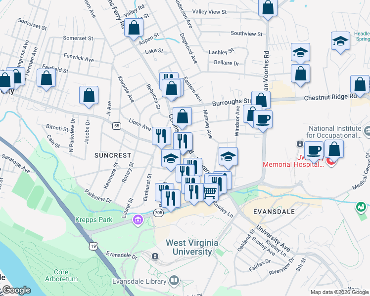 map of restaurants, bars, coffee shops, grocery stores, and more near 3100 University Avenue in Morgantown