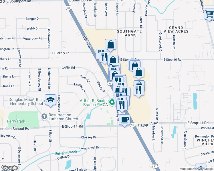 map of restaurants, bars, coffee shops, grocery stores, and more near 7735 Surrey Drive in Indianapolis