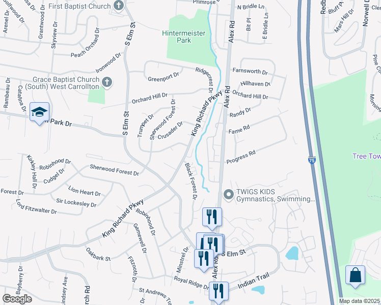 map of restaurants, bars, coffee shops, grocery stores, and more near 1344 King Richard Parkway in Dayton