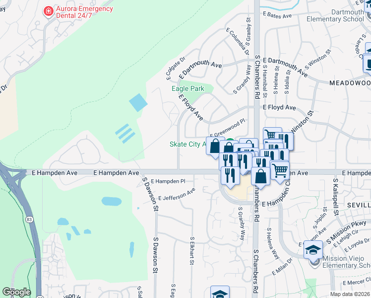 map of restaurants, bars, coffee shops, grocery stores, and more near 3464 South Eagle Street in Aurora