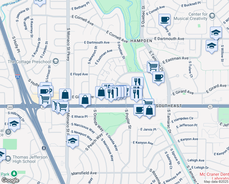 map of restaurants, bars, coffee shops, grocery stores, and more near 2900 South Oleander in Denver