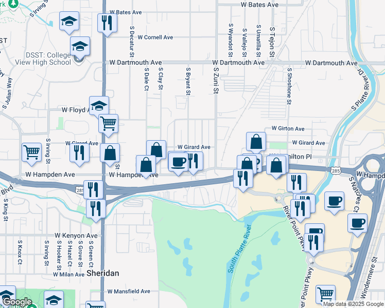map of restaurants, bars, coffee shops, grocery stores, and more near 3484 South Bryant Street in Englewood