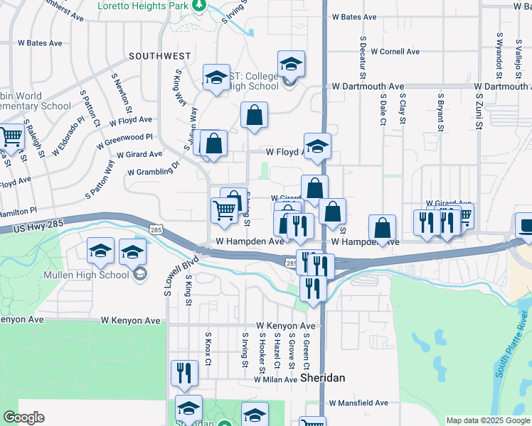 map of restaurants, bars, coffee shops, grocery stores, and more near 3245 West Hampden Avenue in Sheridan