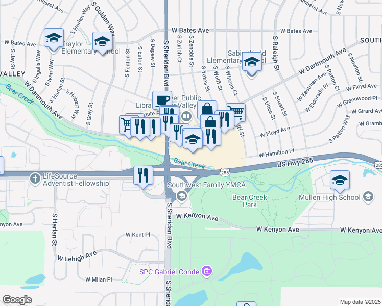 map of restaurants, bars, coffee shops, grocery stores, and more near 3100 South Sheridan Boulevard in Denver