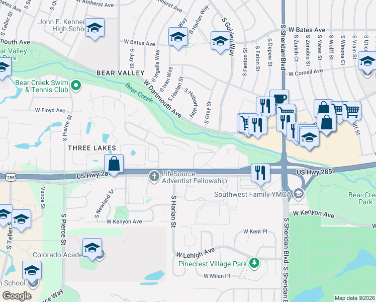 map of restaurants, bars, coffee shops, grocery stores, and more near 5595 W Hampden Ave in Denver